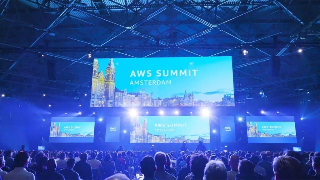 The AWS Summit Amsterdam main stage in front of a full auditorium
