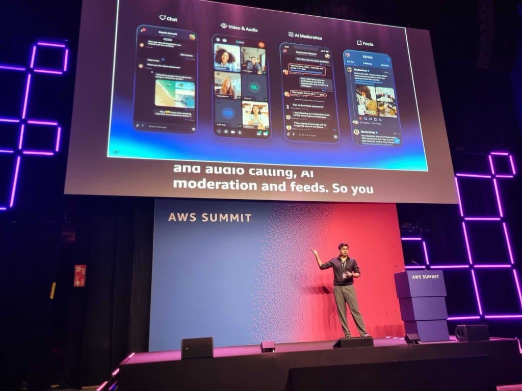 A slide showing chat, video and audio calling, AI moderation and feeds